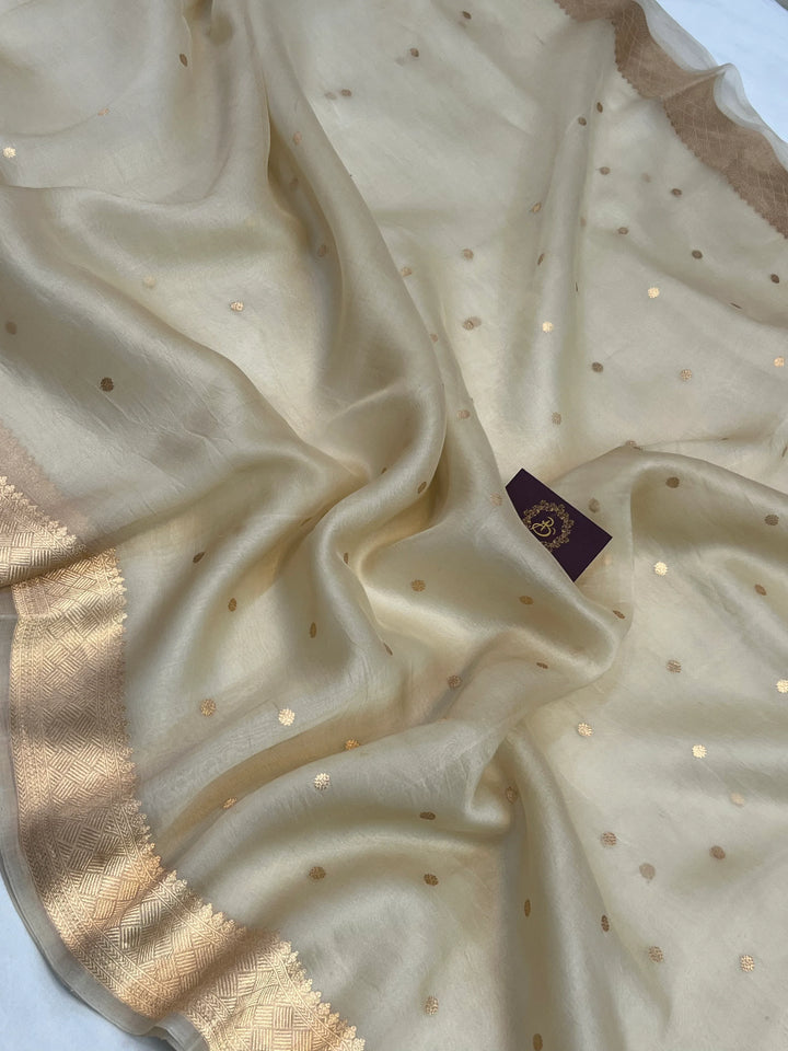 Cream Pure Kora Silk Banarasi Saree with Zari Butis & Konia