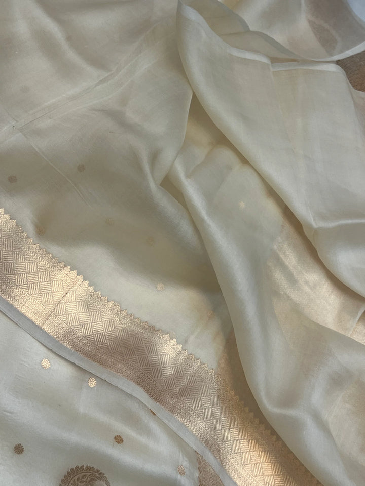 Cream Pure Kora Silk Banarasi Saree with Zari Butis & Konia