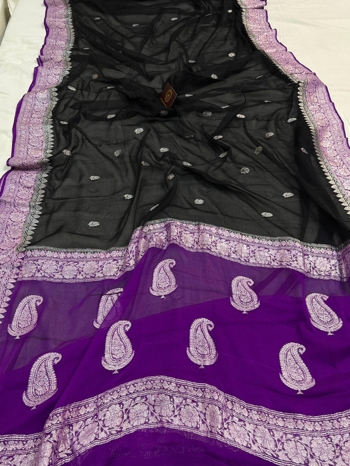 Black Khaddi Chiffon Banarasi Handloom Saree - Aura Benaras