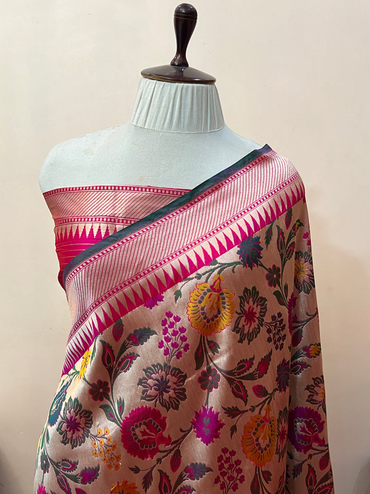 Rani Pink Katan Silk Banarasi Saree | Handloom Jaal 