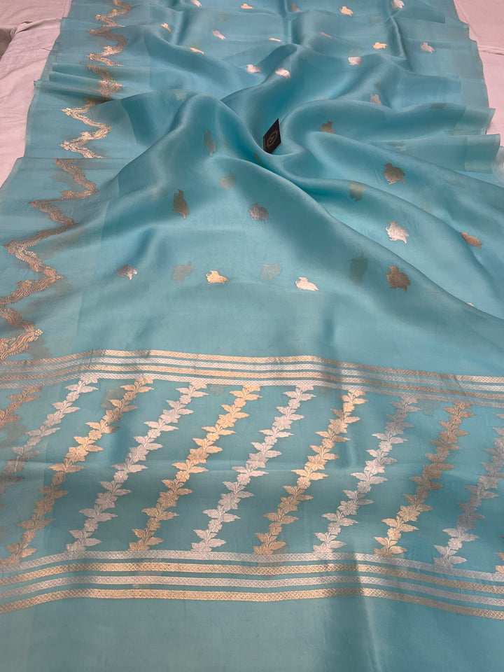 Sky Blue Banarasi Handloom Kora Silk Saree