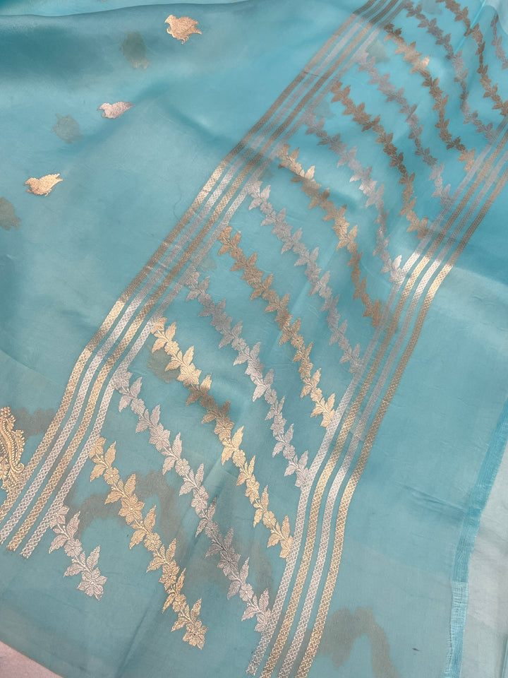Sky Blue Banarasi Handloom Kora Silk Saree