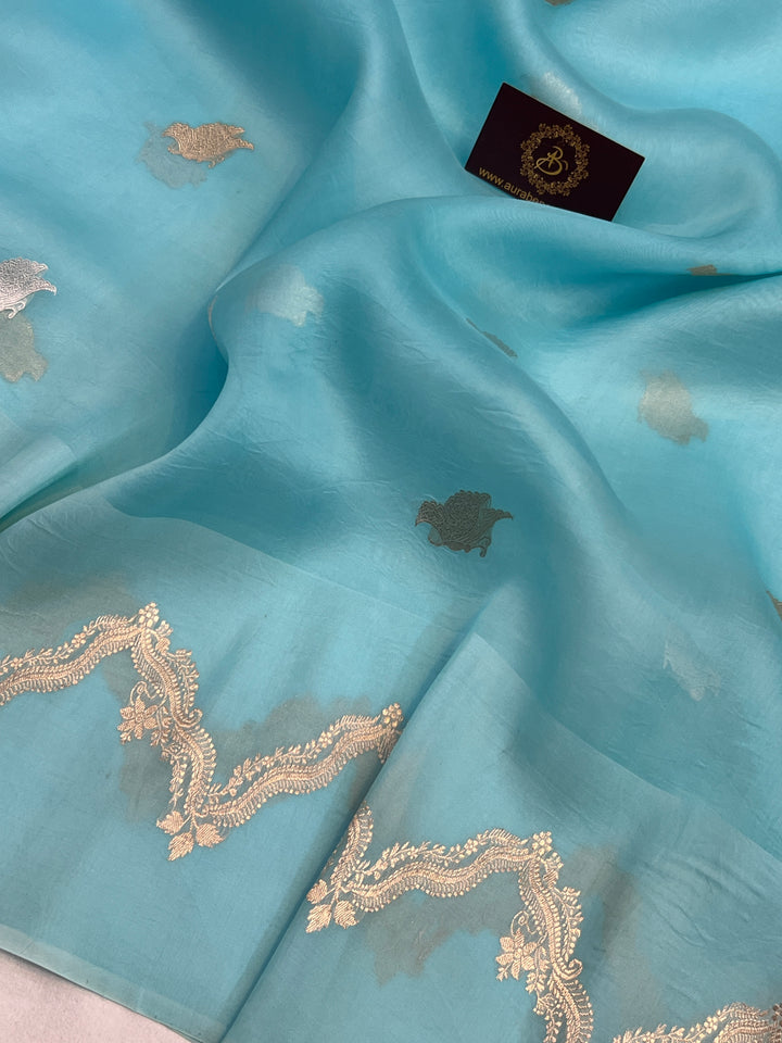 Sky Blue Banarasi Handloom Kora Silk Saree