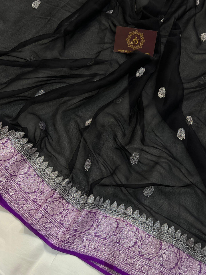 Black Khaddi Chiffon Banarasi Handloom Saree - Aura Benaras