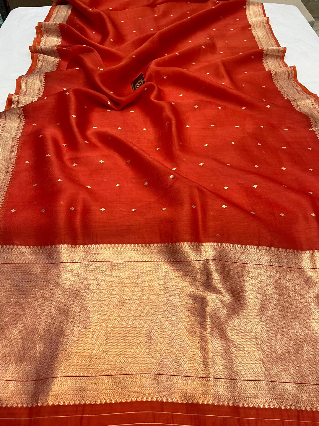 Orange Pure Kora Silk Banarasi Saree with Kadhwa Butis – Aura Benaras