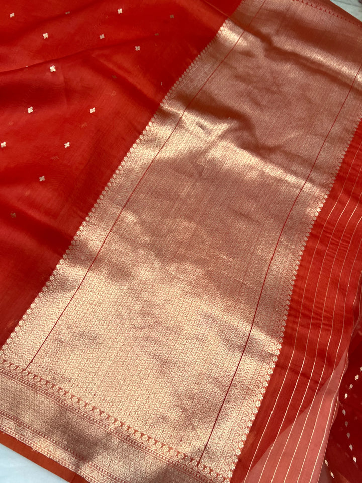 Orange Pure Kora Silk Banarasi Saree with Kadhwa Butis – Aura Benaras
