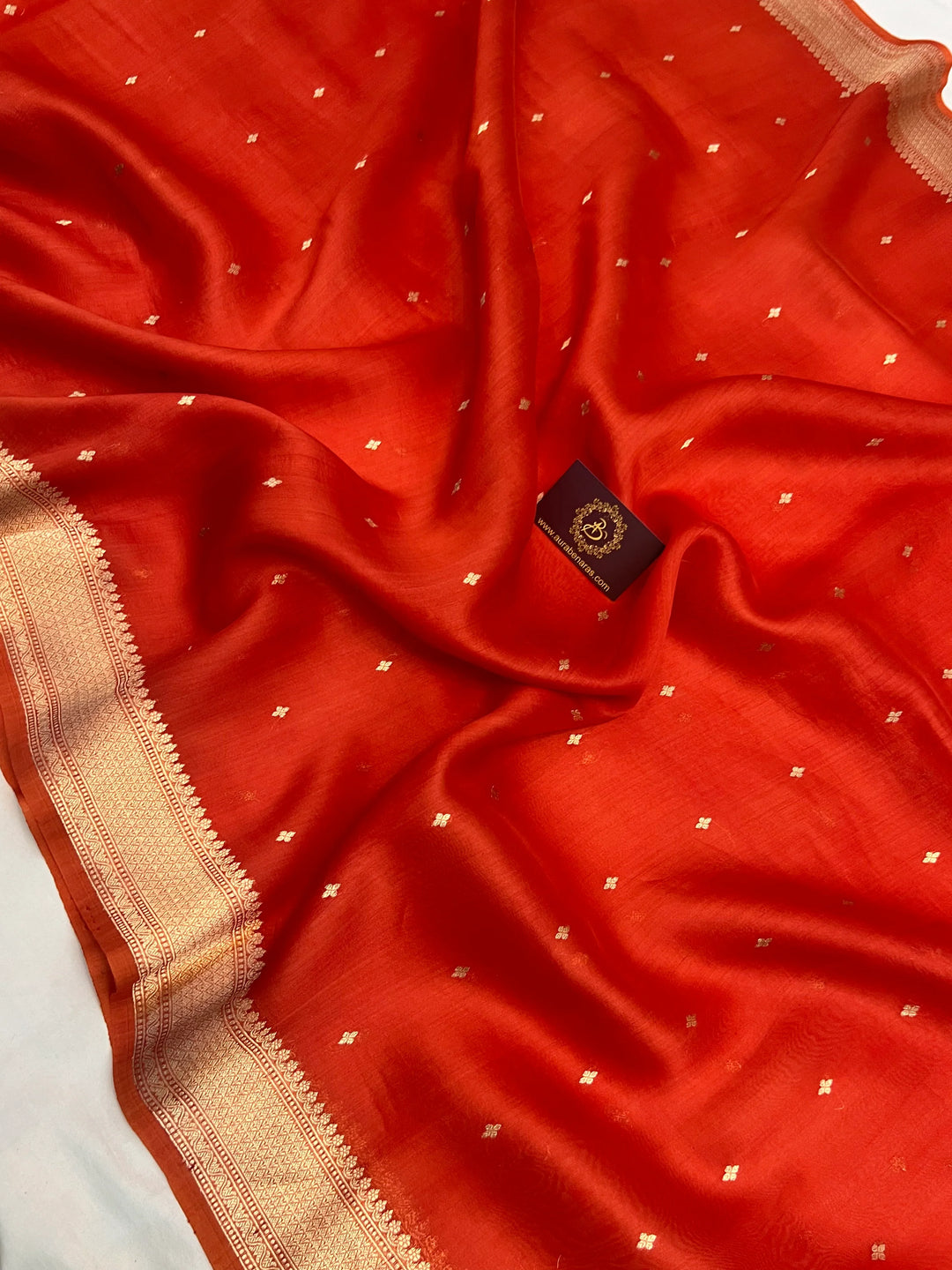 Orange Pure Kora Silk Banarasi Saree with Kadhwa Butis – Aura Benaras