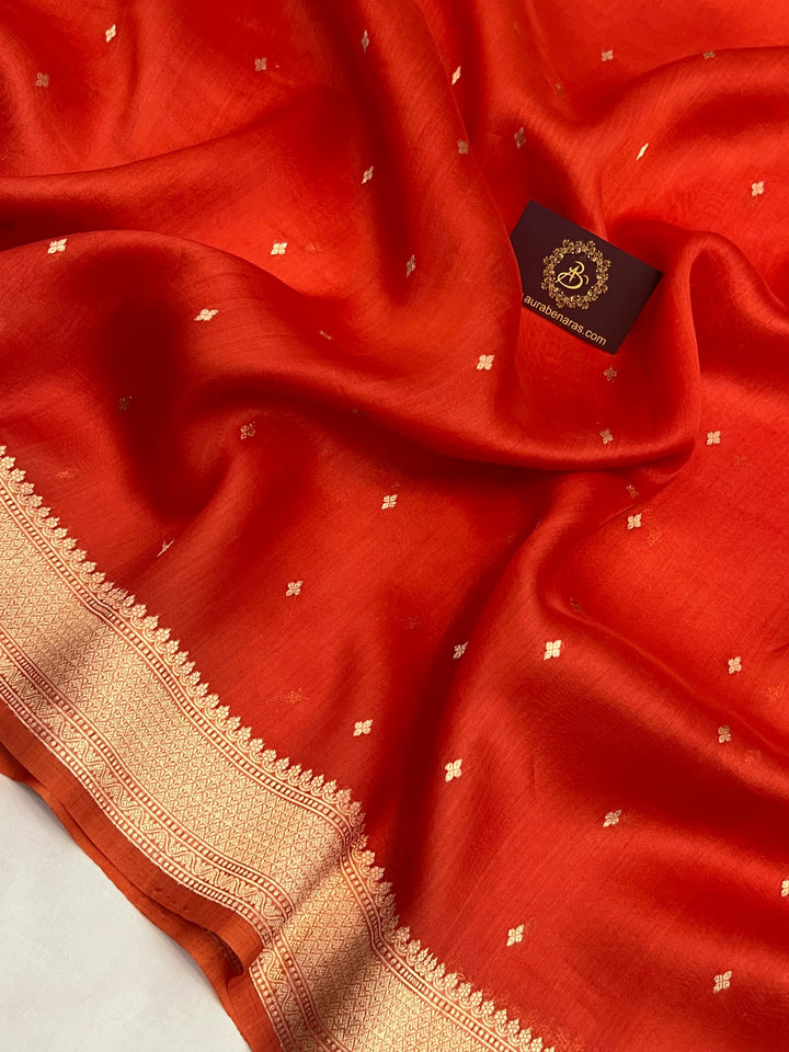 Orange Pure Kora Silk Banarasi Saree with Kadhwa Butis – Aura Benaras