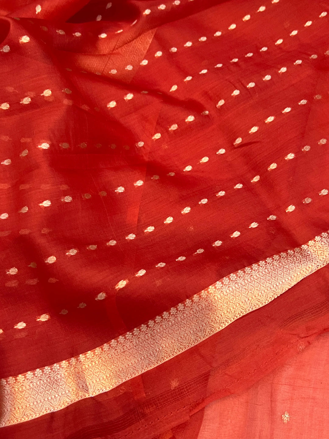 Orange Pure Kora Silk Banarasi Saree with Kadhwa Butis – Aura Benaras