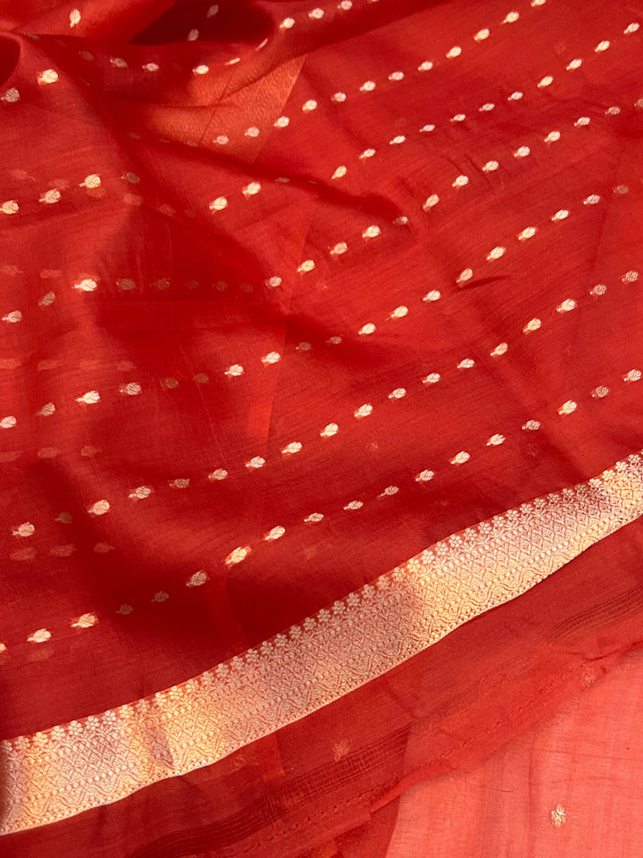 Orange Pure Kora Silk Banarasi Saree with Kadhwa Butis – Aura Benaras