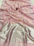 Baby Pink Banarasi Handloom Organza Tissue Silk Saree - Aura Benaras