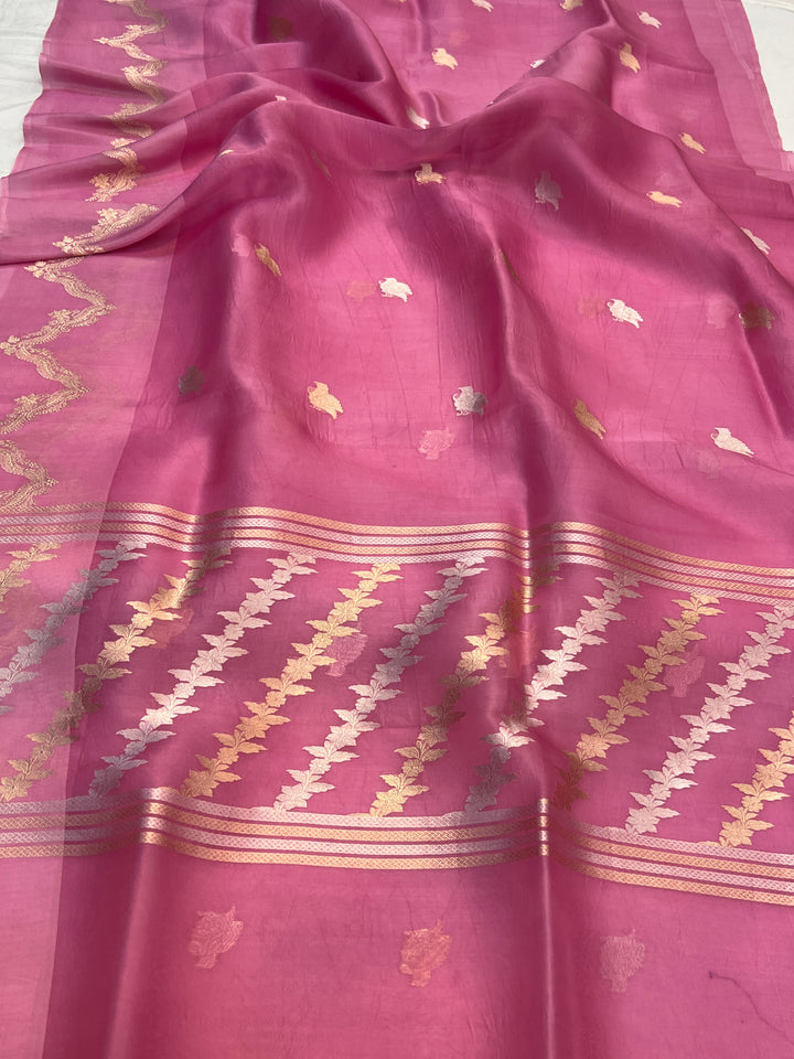 Pinkish Lavender Banarasi Handloom Kora Silk Saree