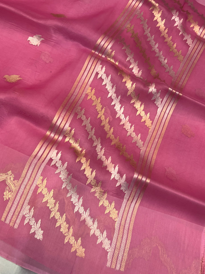 Pinkish Lavender Banarasi Handloom Kora Silk Saree