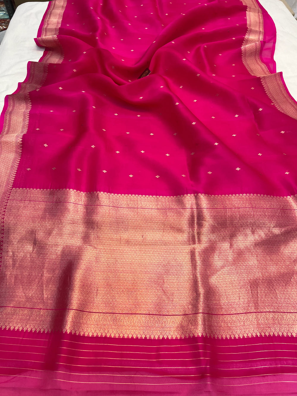 Rani Pink Pure Kora Silk Banarasi Saree with Kadhwa Butis 