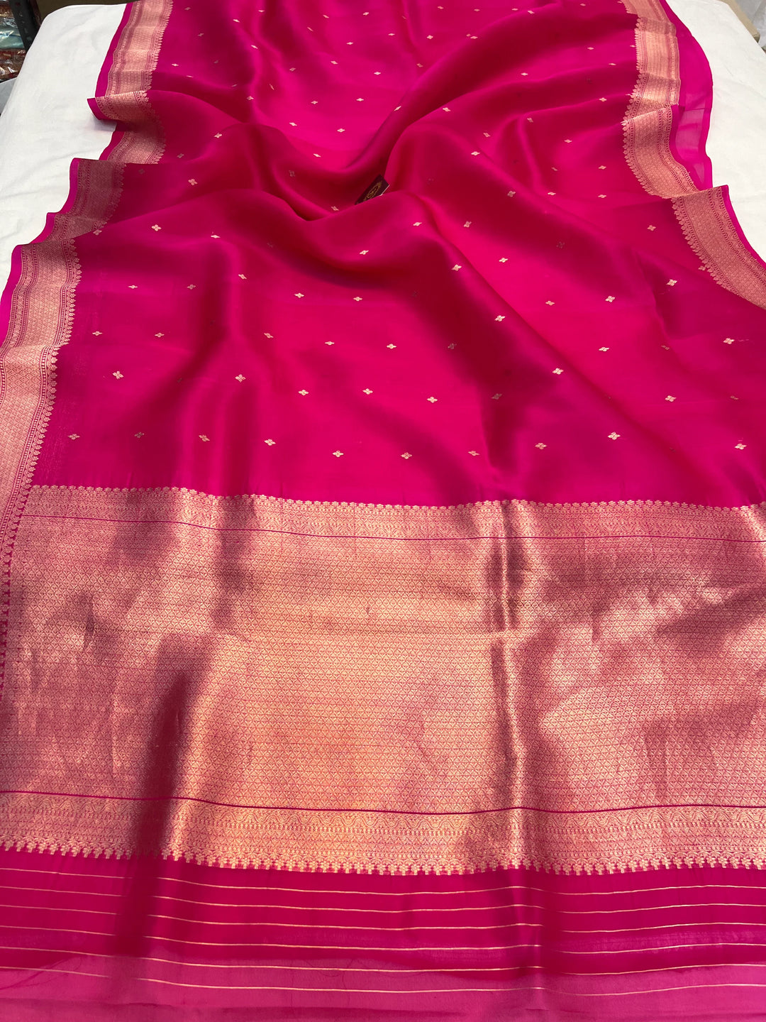Rani Pink Pure Kora Silk Banarasi Saree with Kadhwa Butis 