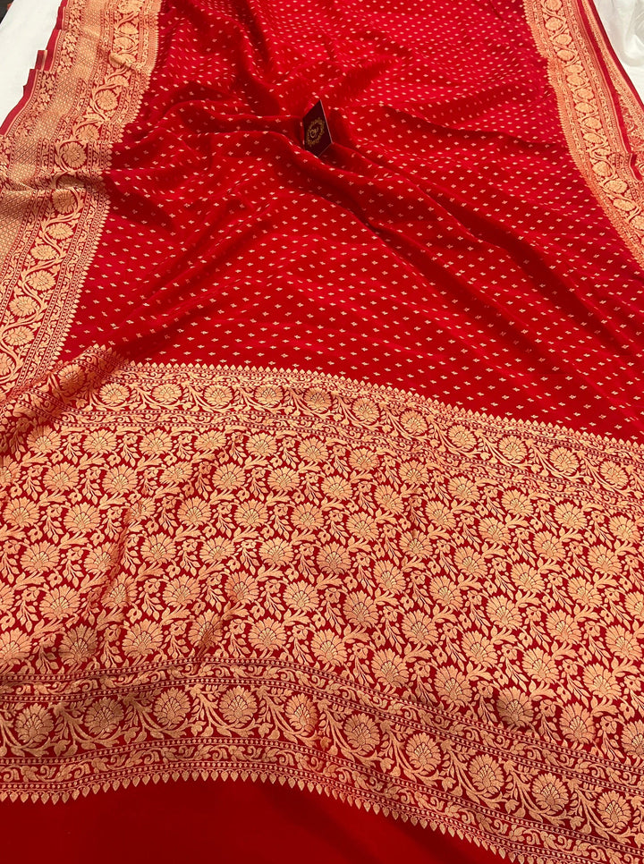 Red Pure Banarasi Khaddi Crepe Silk Saree - Aura Benaras