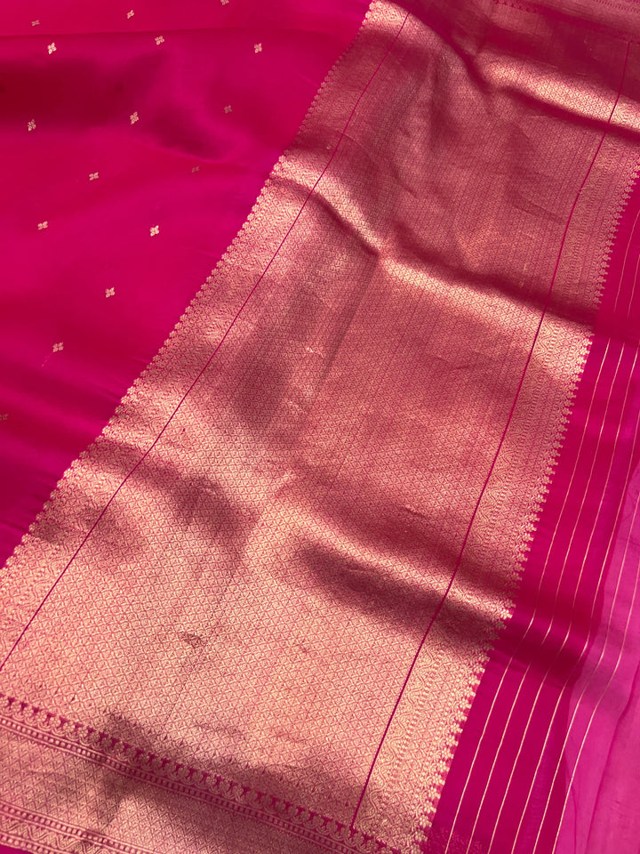Rani Pink Pure Kora Silk Banarasi Saree with Kadhwa Butis 