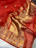 Orange Banarasi Handloom Kora Silk Saree - Aura Benaras