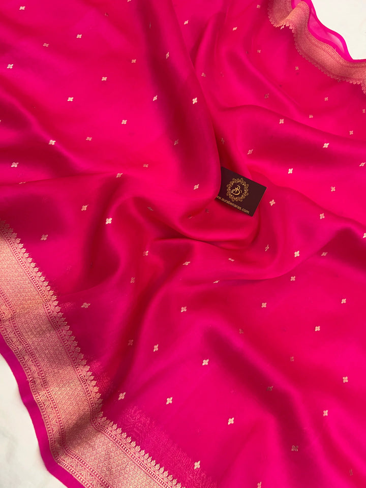 Rani Pink Pure Kora Silk Banarasi Saree with Kadhwa Butis 
