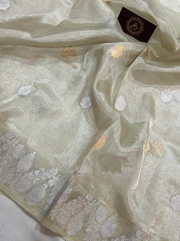 Cream Banarasi Handloom Organza Tissue Silk Saree - Aura Benaras