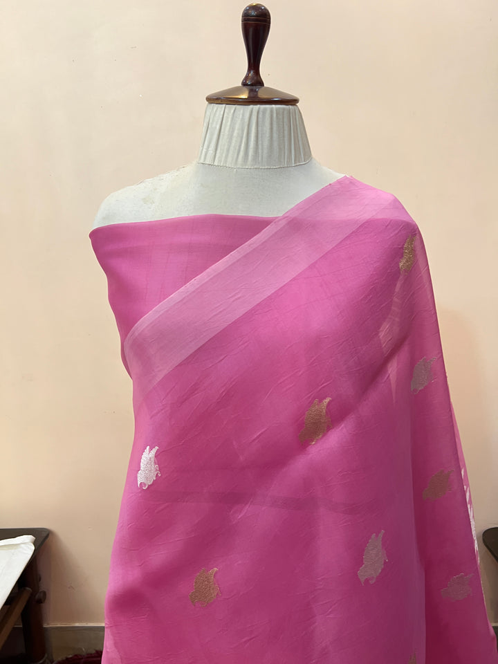 Pinkish Lavender Banarasi Handloom Kora Silk Saree