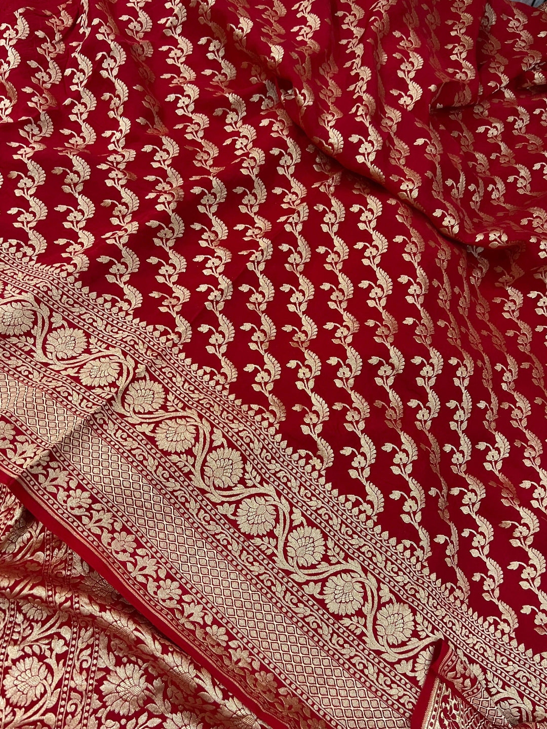 Red Pure Banarasi Khaddi Crepe Silk Saree - Aura Benaras