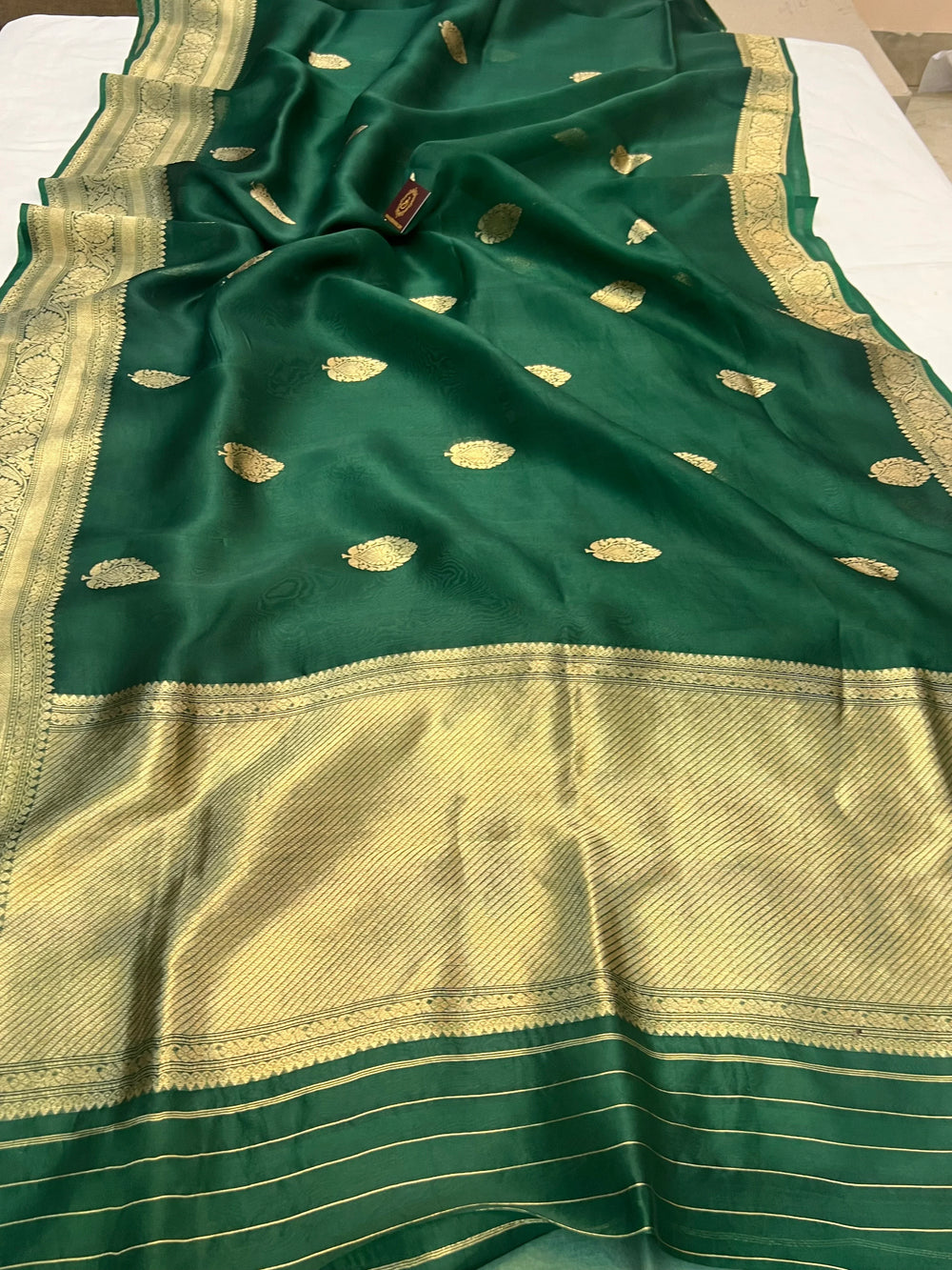 Dark Green Pure Kora Silk Banarasi Saree with Zari Butas & Border