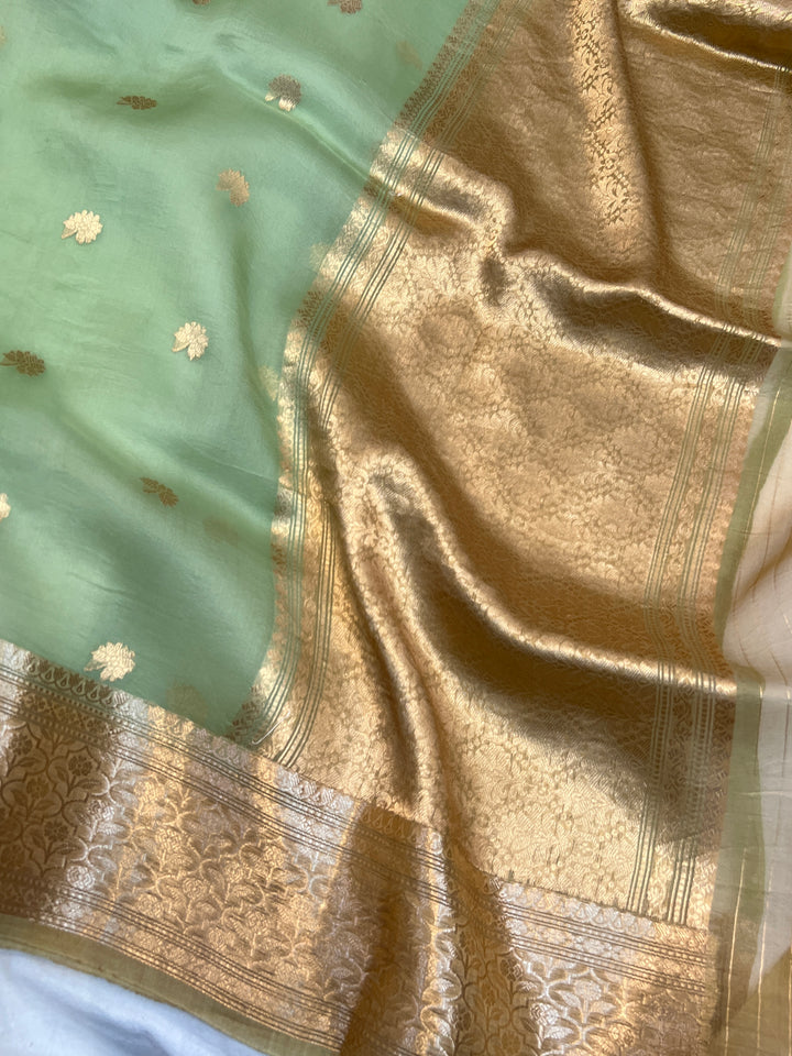 Mint Green Banarasi Handloom Kora Silk Saree