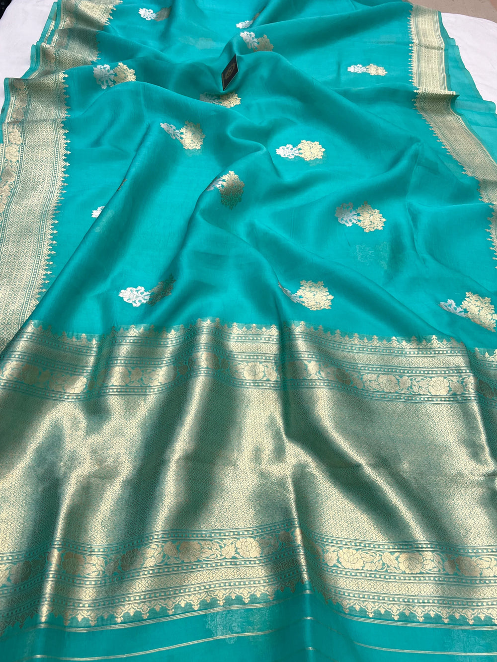 Turquoise Blue Banarasi Kora Silk Saree with Kadhwa Sona Rupa Butas