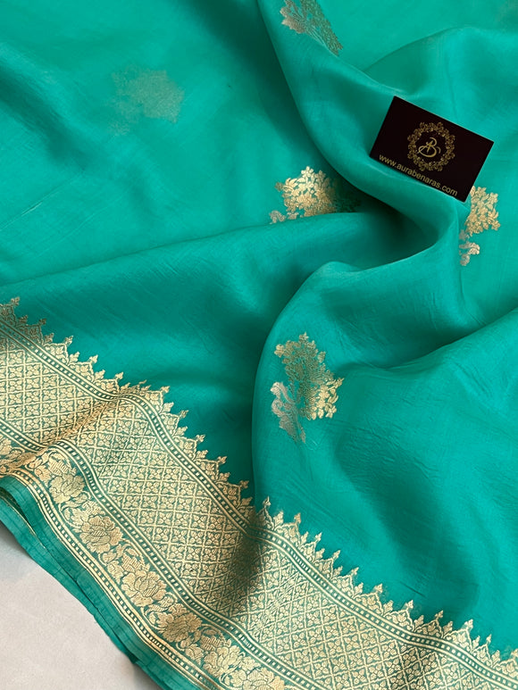 Turquoise Blue Banarasi Kora Silk Saree with Kadhwa Sona Rupa Butas