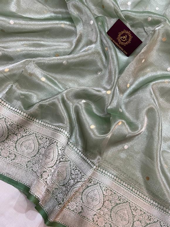 Sage Green Banarasi Handloom Organza Tissue Silk Saree - Aura Benaras
