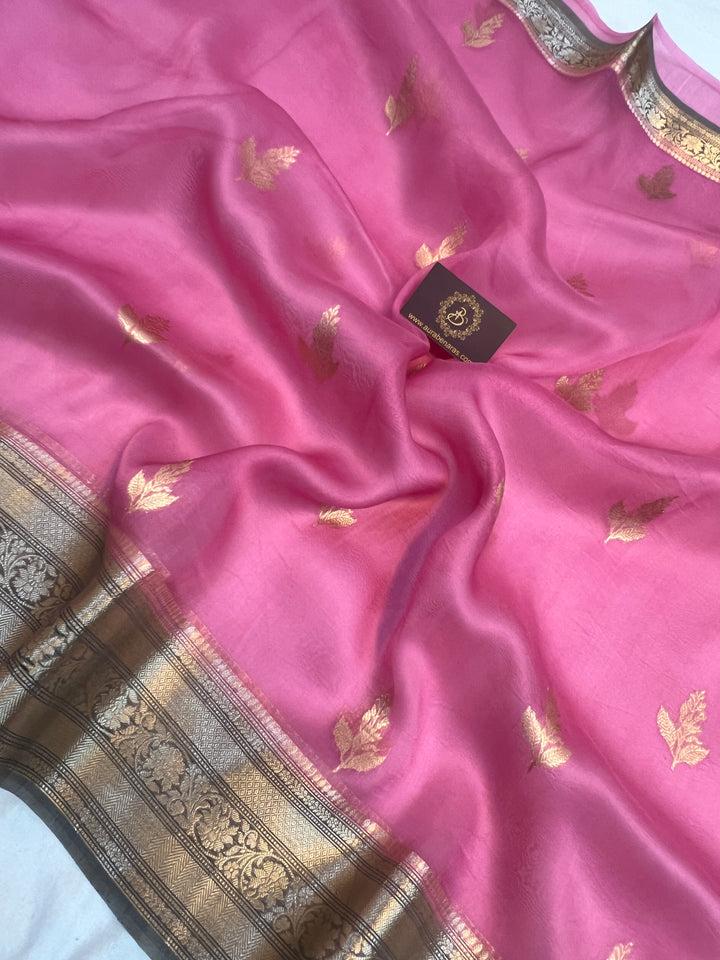 Baby Pink Banarasi Handloom Kora Silk Saree