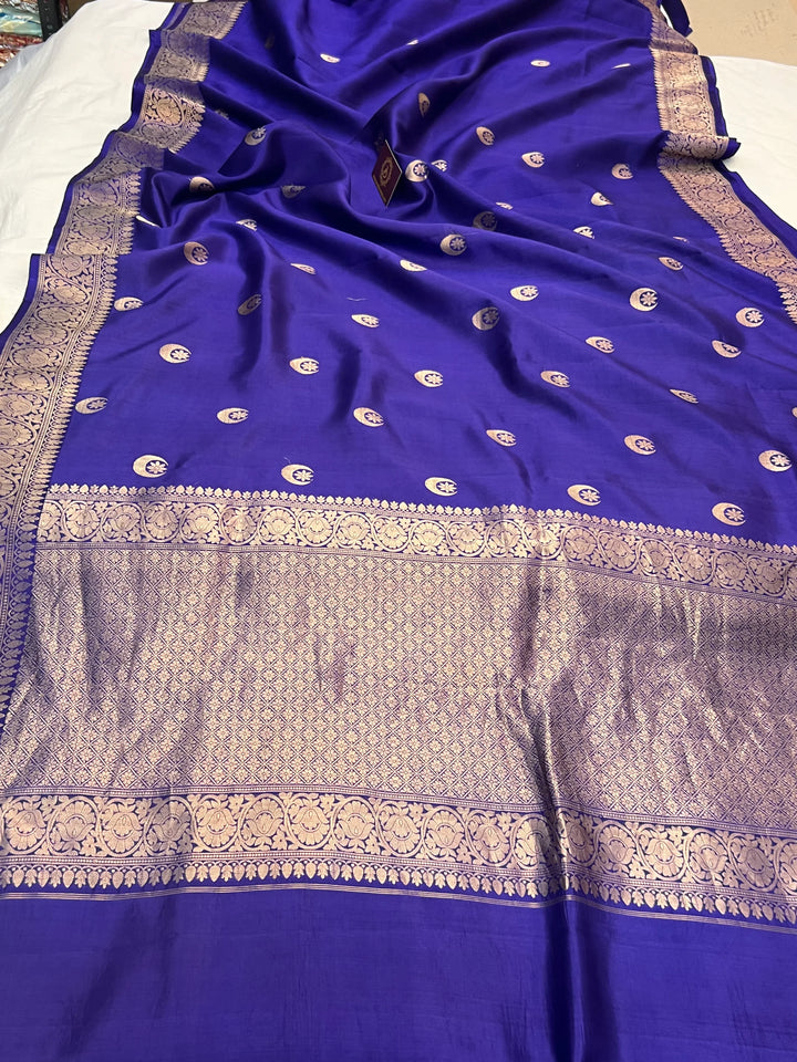 Royal Blue Pure Silk Banarasi Plain Saree with Kadhwa Chand butis