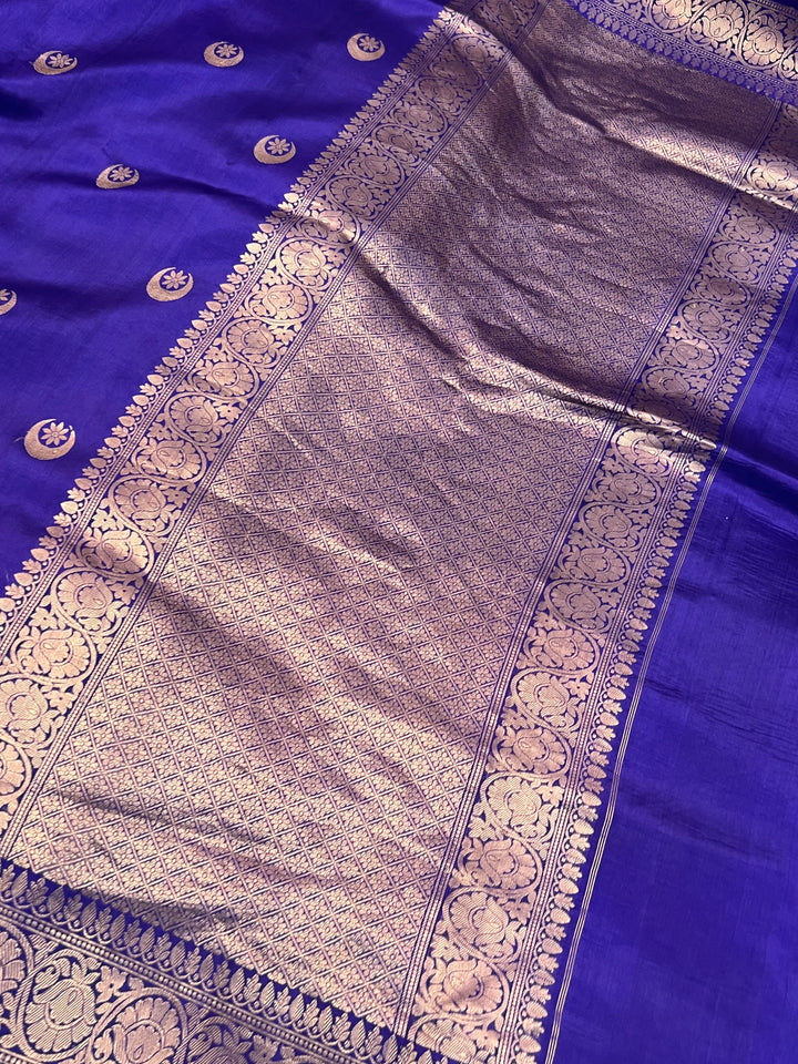 Royal Blue Pure Silk Banarasi Plain Saree with Kadhwa Chand butis