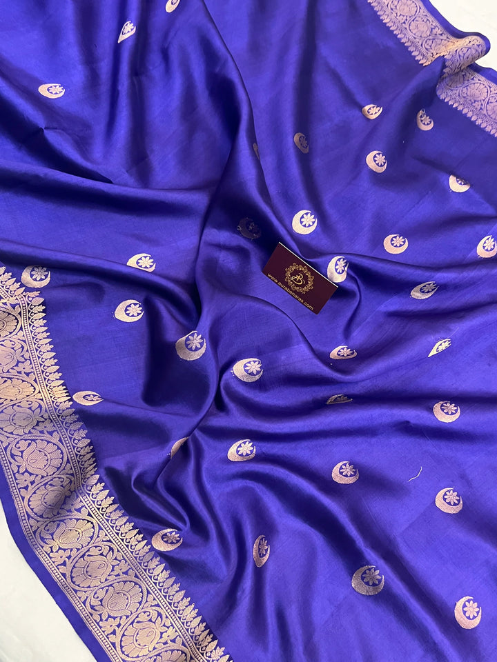 Royal Blue Pure Silk Banarasi Plain Saree with Kadhwa Chand butis