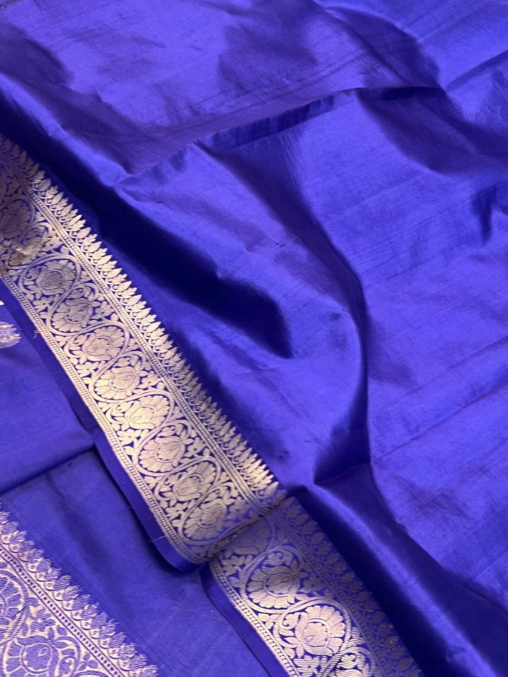 Royal Blue Pure Silk Banarasi Plain Saree with Kadhwa Chand butis