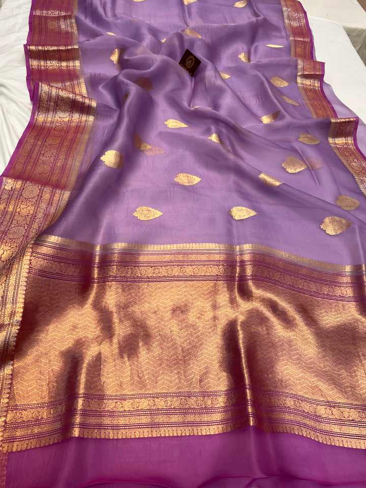 Lavender Banarasi Handloom Kora Silk Saree