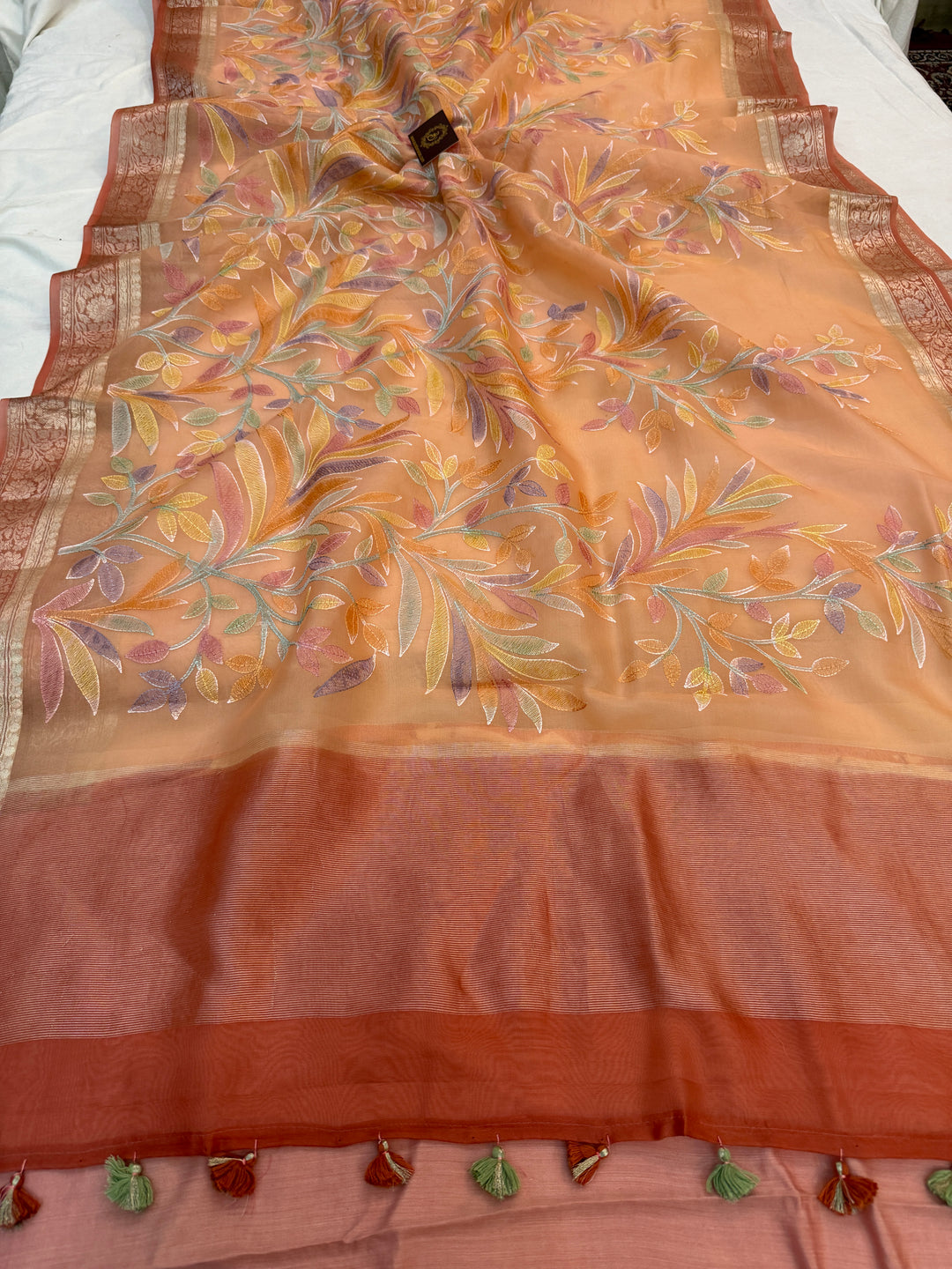 Peach Banarasi Handloom Kora Silk Saree