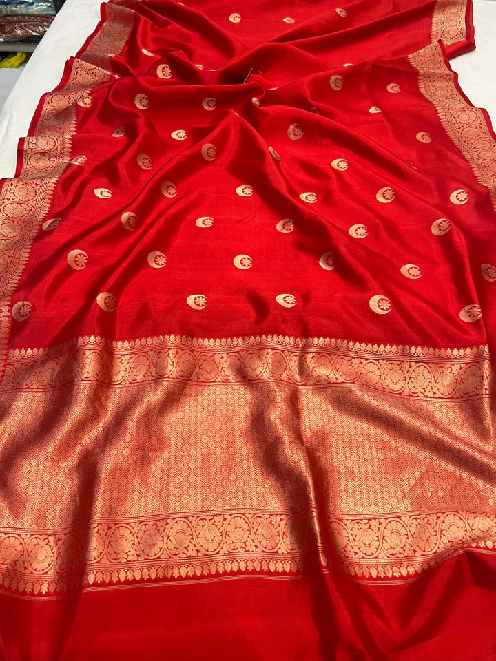 Red Pure Silk Banarasi Saree with Kadhwa Chand butis - AuraBenaras