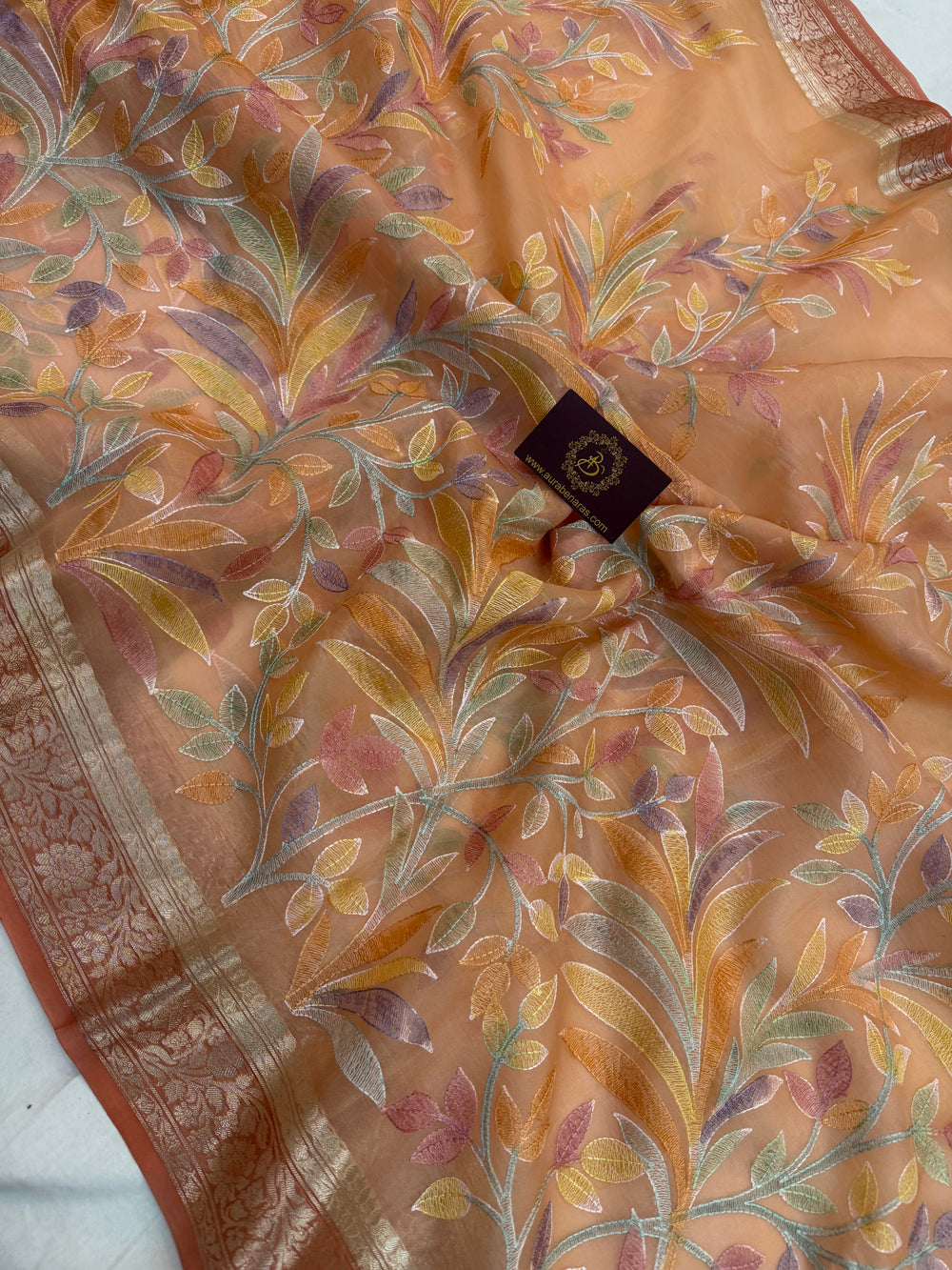 Peach Banarasi Handloom Kora Silk Saree