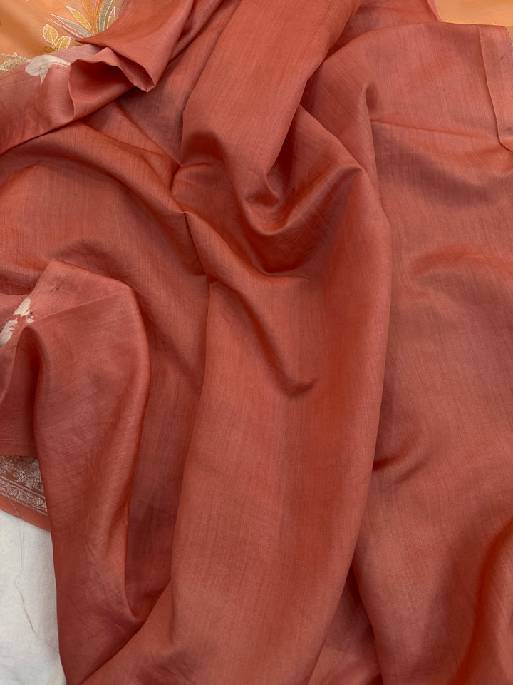 Peach Banarasi Handloom Kora Silk Saree