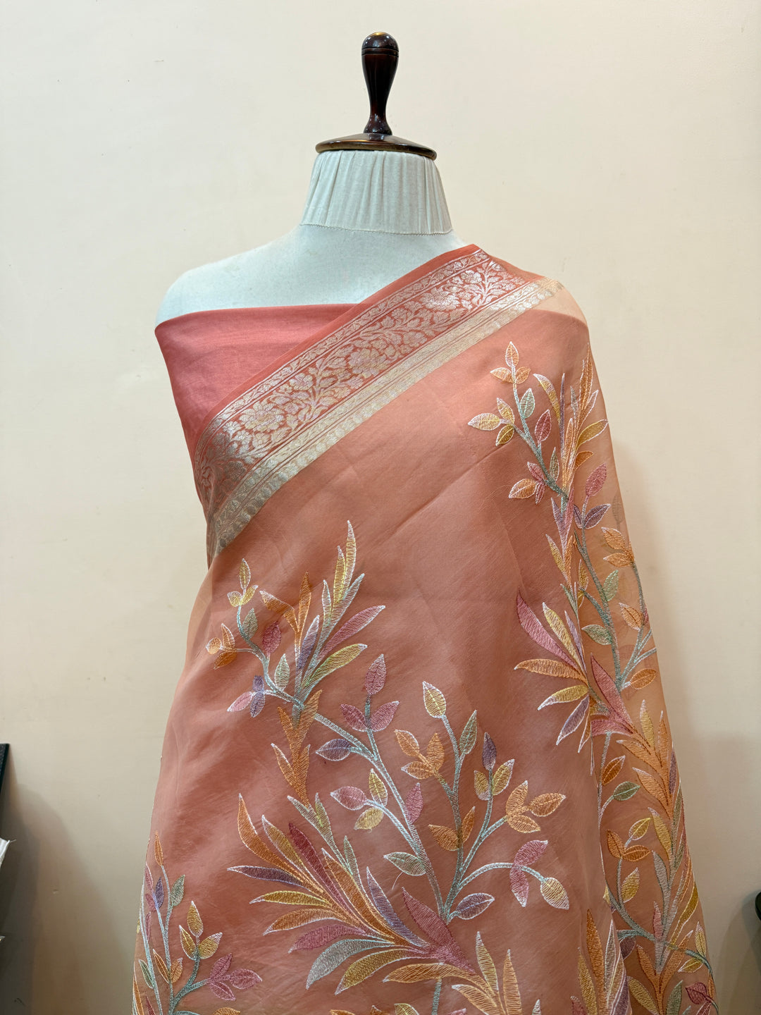 Peach Banarasi Handloom Kora Silk Saree