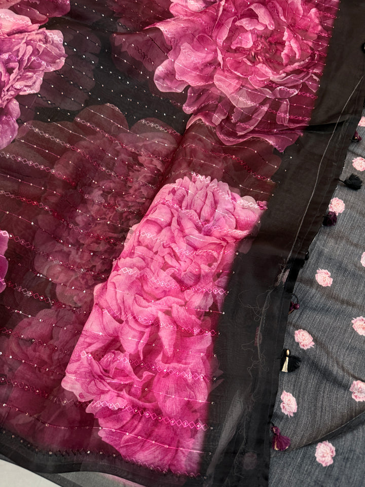 Black Pure Kora Silk Handloom Banarasi Saree