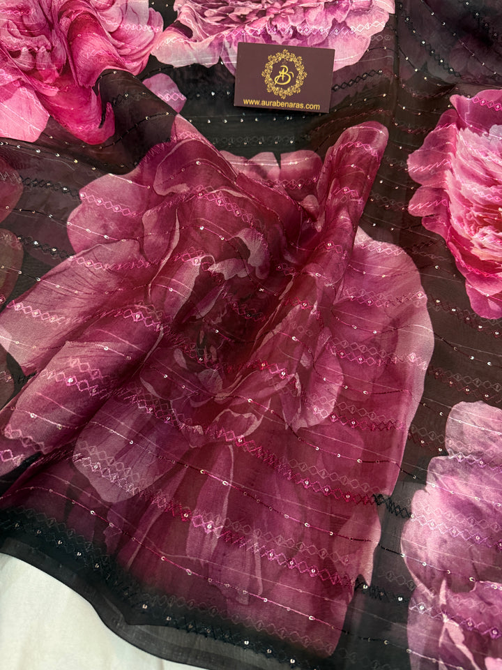 Black Pure Kora Silk Handloom Banarasi Saree