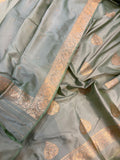 Pastel Grey Katan Silk Handwoven Banarasi Suit Set - Aura Benaras