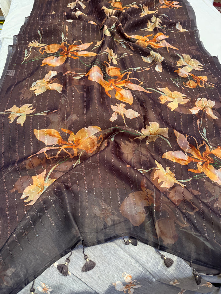 Black Pure Kora Silk Handloom Banarasi Saree