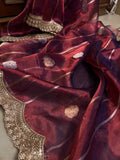 Maroonish wine Pure Banarasi Handloom Tissue Silk Saree - Aura Benaras