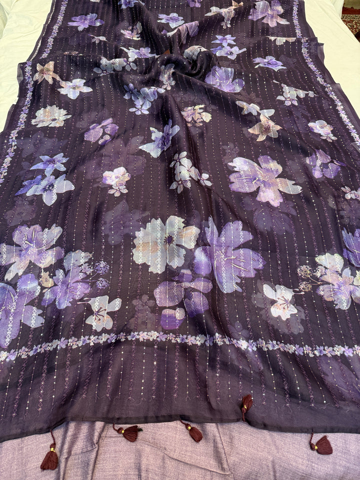 Purple Banarasi Kora Silk Saree with Print & Sequin Embroidery