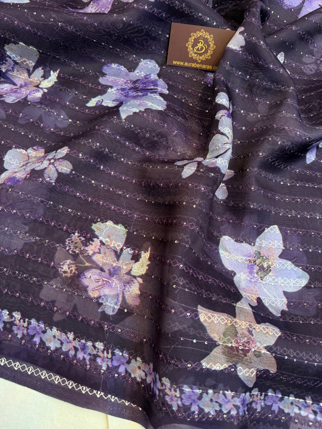 Purple Banarasi Kora Silk Saree with Print & Sequin Embroidery