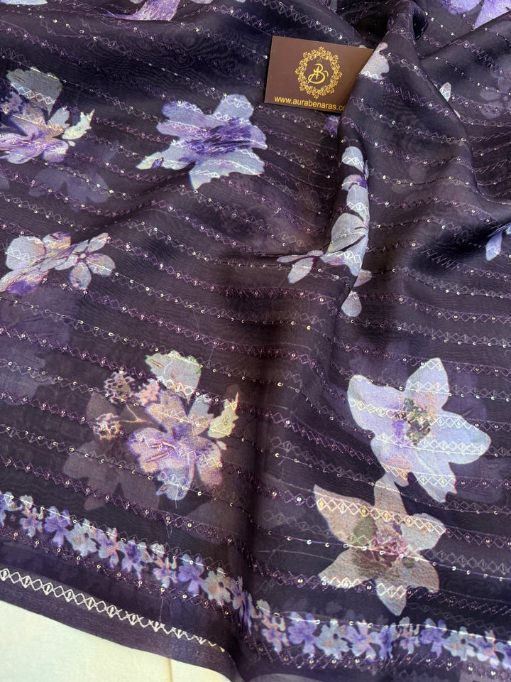 Purple Banarasi Kora Silk Saree with Print & Sequin Embroidery
